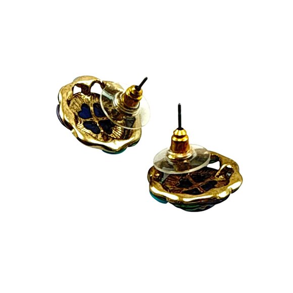 Vintage Gold Tone Rhinestone Flower Stud Earrings Blue Green Round Statement - Picture 3 of 6